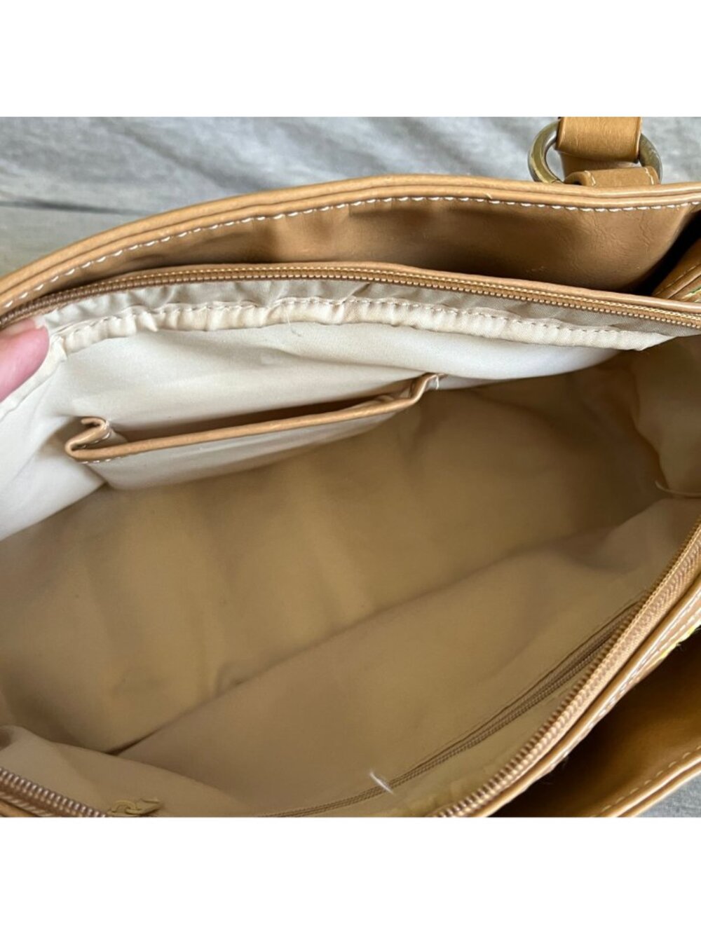 Rainbow Woven Tote Bag With Tan Faux Leather Trim & Double Handles - Picture 4 of 6
